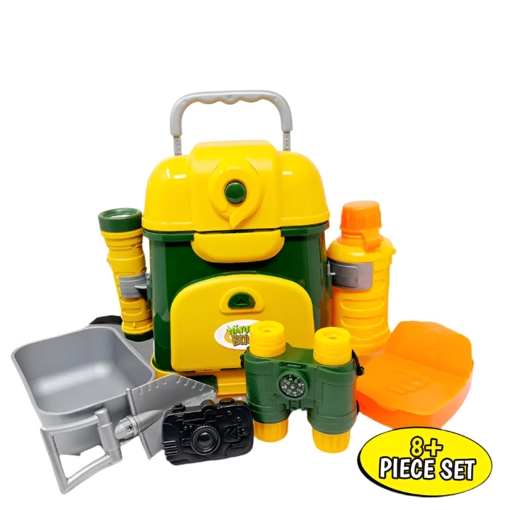 Explorer Backpack Set
9 Piece Set
Hard shell backpack loaded with features
Includes Flashlight, binoculars, bottle, stickers, and more!