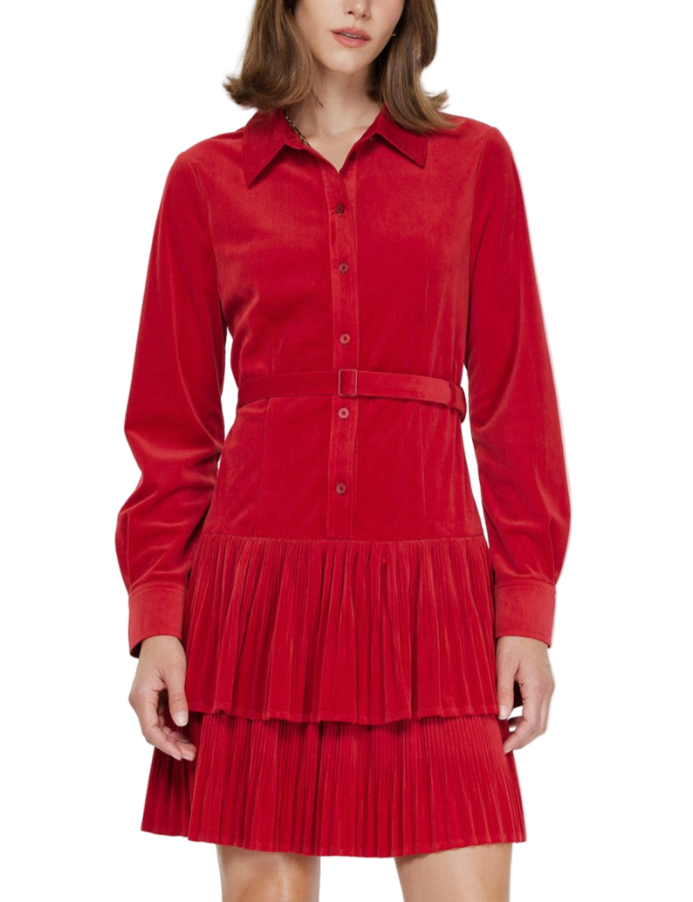 Velvet Pleated Tiered Shirt Mini Dress