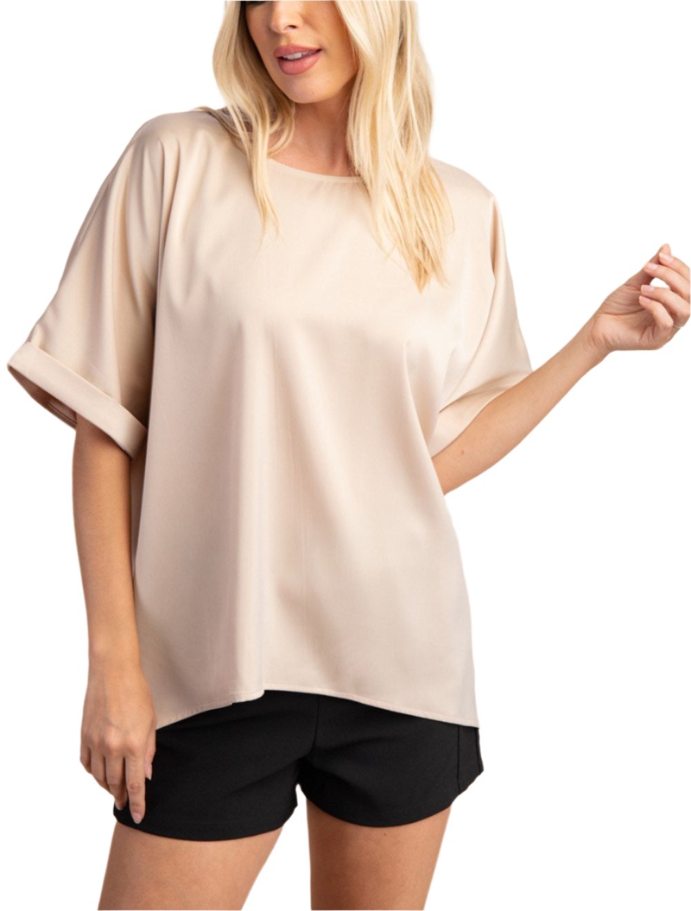 Crew Neck Sleeve Cuffs Oversized Satin Blouse
