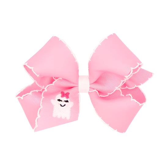 Ghost Medium Grosgrain Hair Bow with Moonstitch Edge and Embroidery