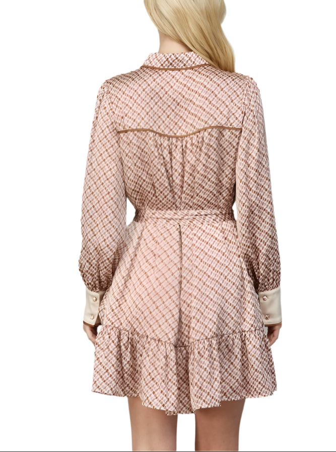 Step out in style with the Helen dress, featuring a playful geo print on smooth satin fabric. Its flattering tie waist and button-down front add a fun twist to a classic silhouette, making it perfect for sunny days and casual outings.