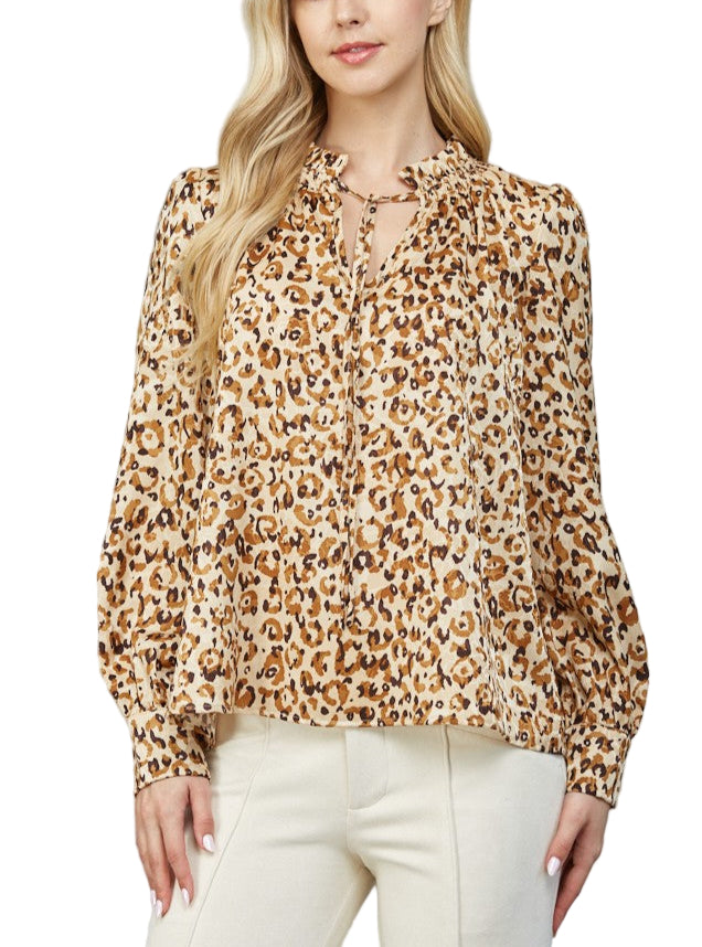 Leopard Ruffle Neck Blouse