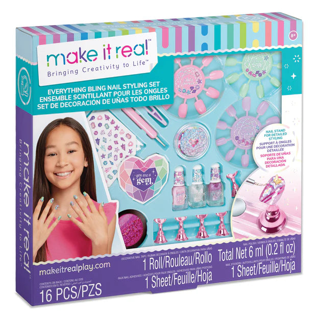 Includes:
1 nail design stand
3 faux nail sets
1 nail tweezer
1 nail file
3 nail polish bottles
1 roll of nail design tape
1 container of nail gems
1 double-sided nail design tool
1 sheet of nail stickers
1 sheet of faux nail adhesives
1 sheet of glue dots
1 instruction sheet