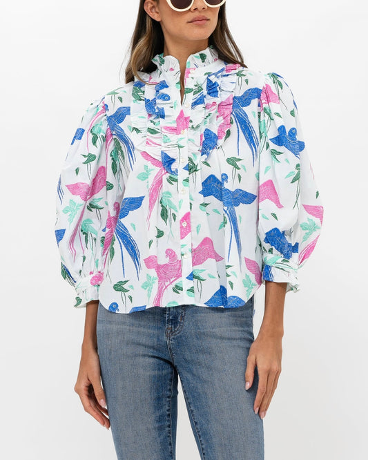Ruffle Front Button Blouse in Macaw Blue by Oliphant