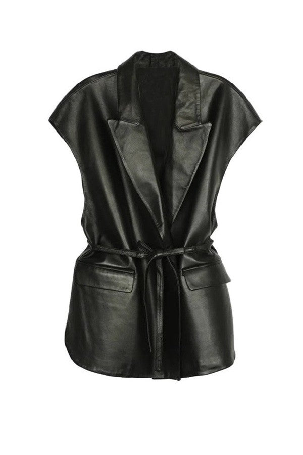 Sleeveless Tie Waist Faux Leather Vest