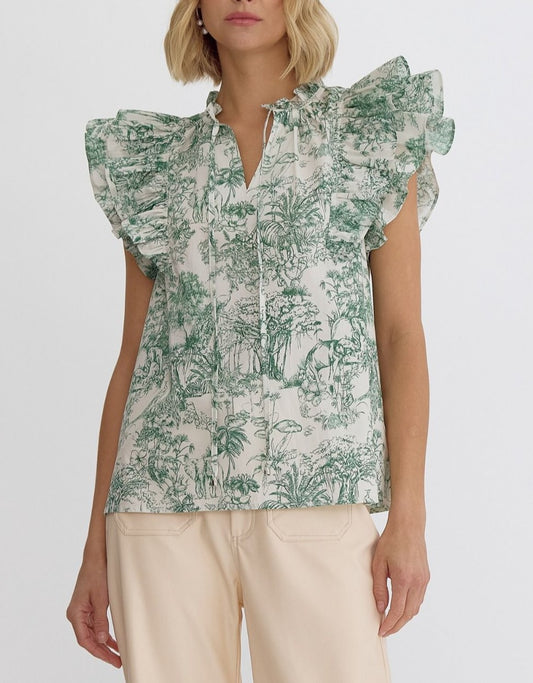Brandi Top, green printed top with ruffle sleeves by entro
