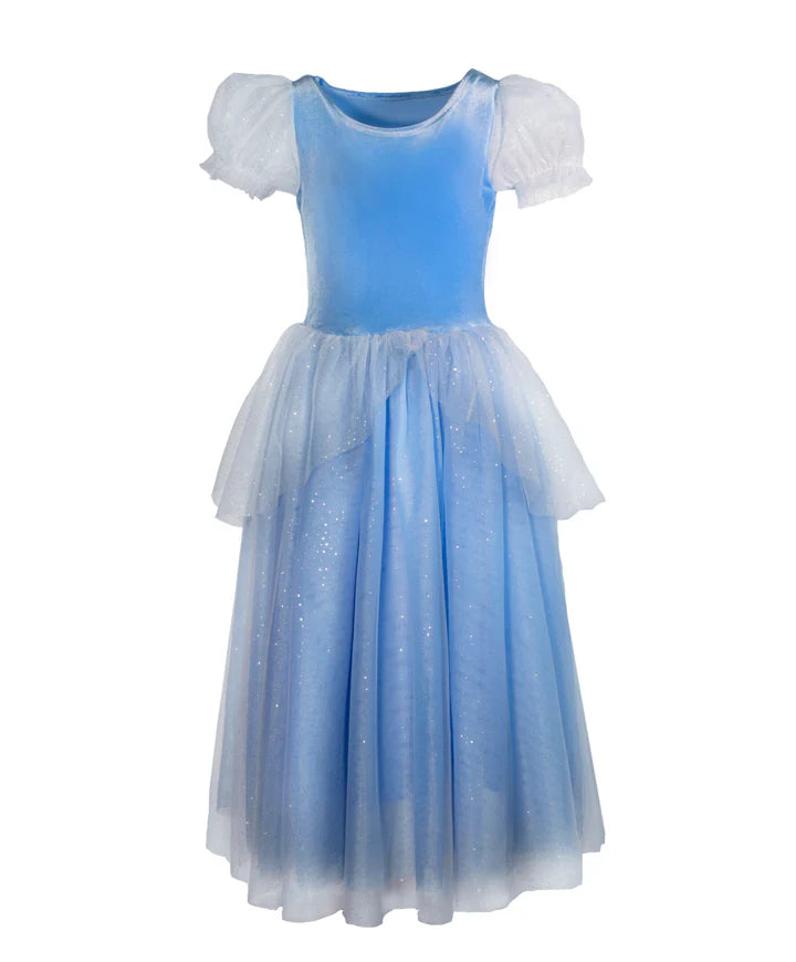 When it comes to finding the perfect Cinderella dress, you don't need to call on your fairy godmother and her magic wand! Look no further than this enchanting gown that will transport your little princess to a fairytale world.
This dress is designed to be nothing short of dreamy, with a magical glittery tulle that creates a beautiful multiple layer skirt and enchanting puffy sleeves. The bodice is made from a soft, stretch velvet in the same classic baby blue as the rest of the gown. You can trust this dre