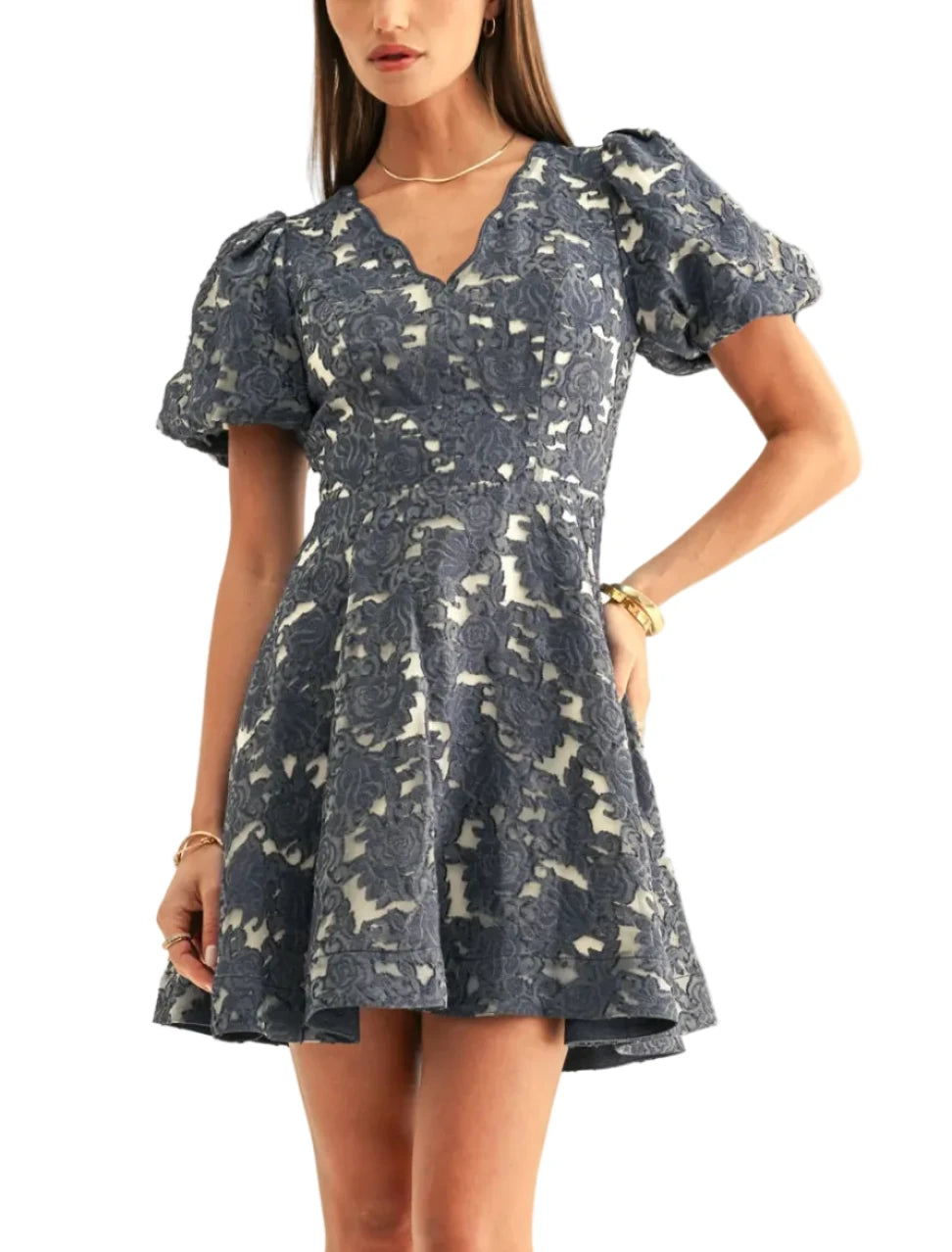 Fern Jacquard Chambray Bubble Sleeves Mini Dress DENIM BLUE Jacquard / S