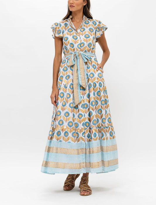 Ruffle Collar Button Maxi Dress in Touraine Blue by Oliphant