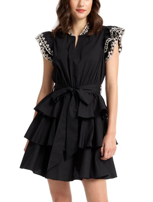 Marian Eyelet Trim Belted Mini Dress in Black by Stellah