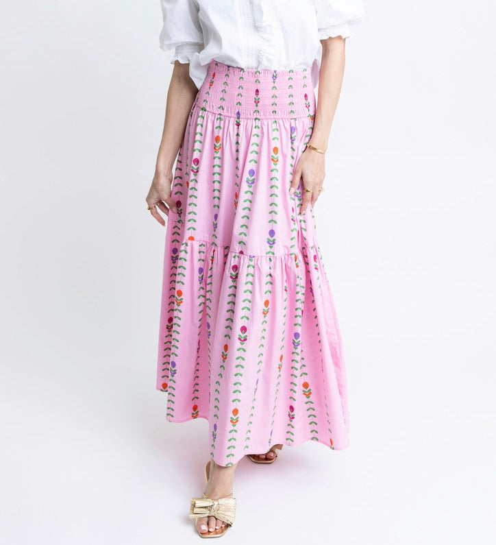 Floral Vine Smock Tier Maxi Skirt in Pink by Karlie