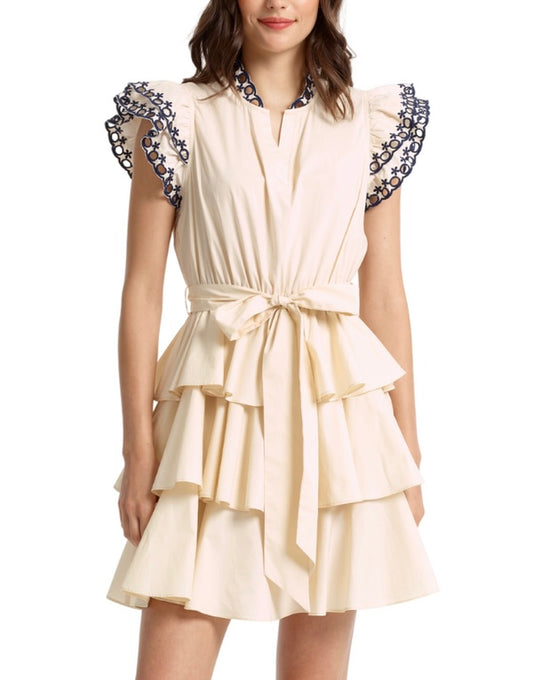 Marian Eyelet Trim Belted Mini Dress in Butter by Stellah