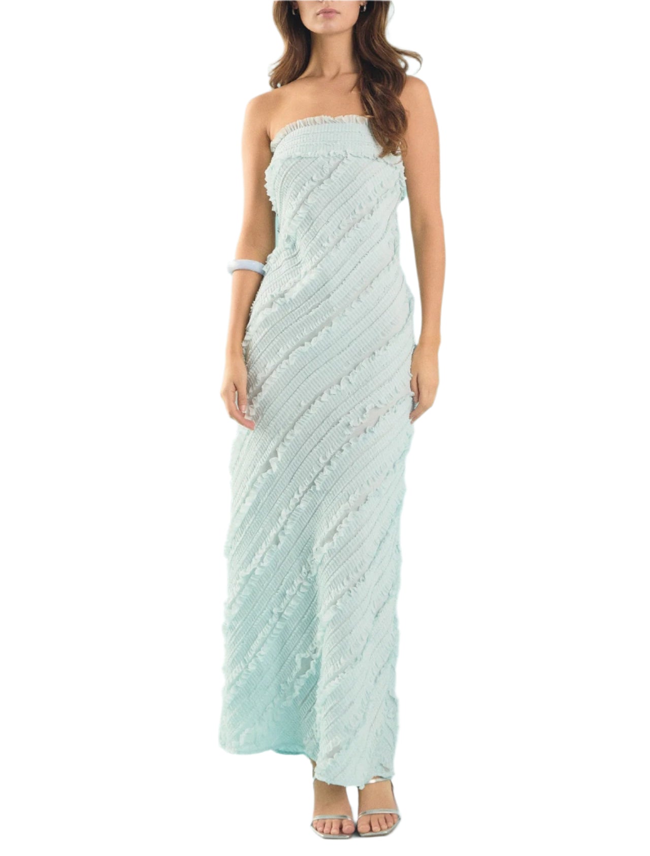 Introducing our must-have Strapless Ruffled Maxi Dress! Made from pleated chiffon with delicate ruffles, this dress is the epitome of elegance. Its maxi length adds a touch of glamour, while the strapless design will make you stand out in any crowd. The bias cut drapes beautifully over your figure, giving you a flattering and feminine silhouette. Perfect for weddings, summer parties, or any special occasion, make a statement and turn heads in this stunning dress.