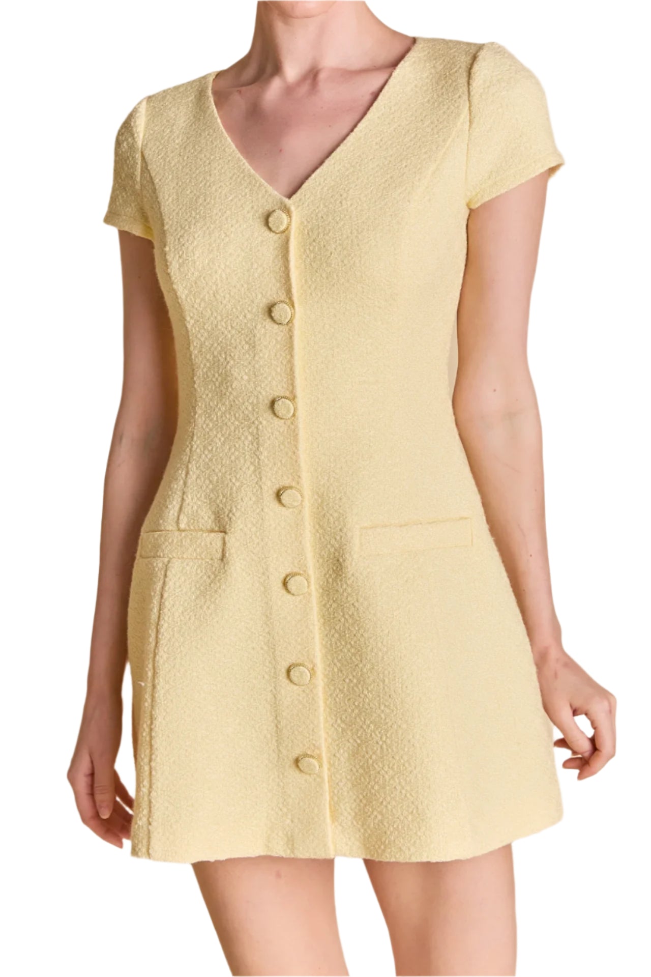 Make a chic statement in our Tweed A Line Mini Dress. Crafted from high-quality tweed fabric, this dress will elevate your style game effortlessly. The A-line silhouette flatters all body types while the mini length adds a touch of playfulness. The V-neckline gives a hint of sophistication while remaining versatile for any occasion. Perfect for a day at the office or a night out, this dress is a must-have in your wardrobe.
Hand Wash Cold
Do Not Bleach
Iron Low
Do Not Tumble Dry
Shell: 80% Polyester 20