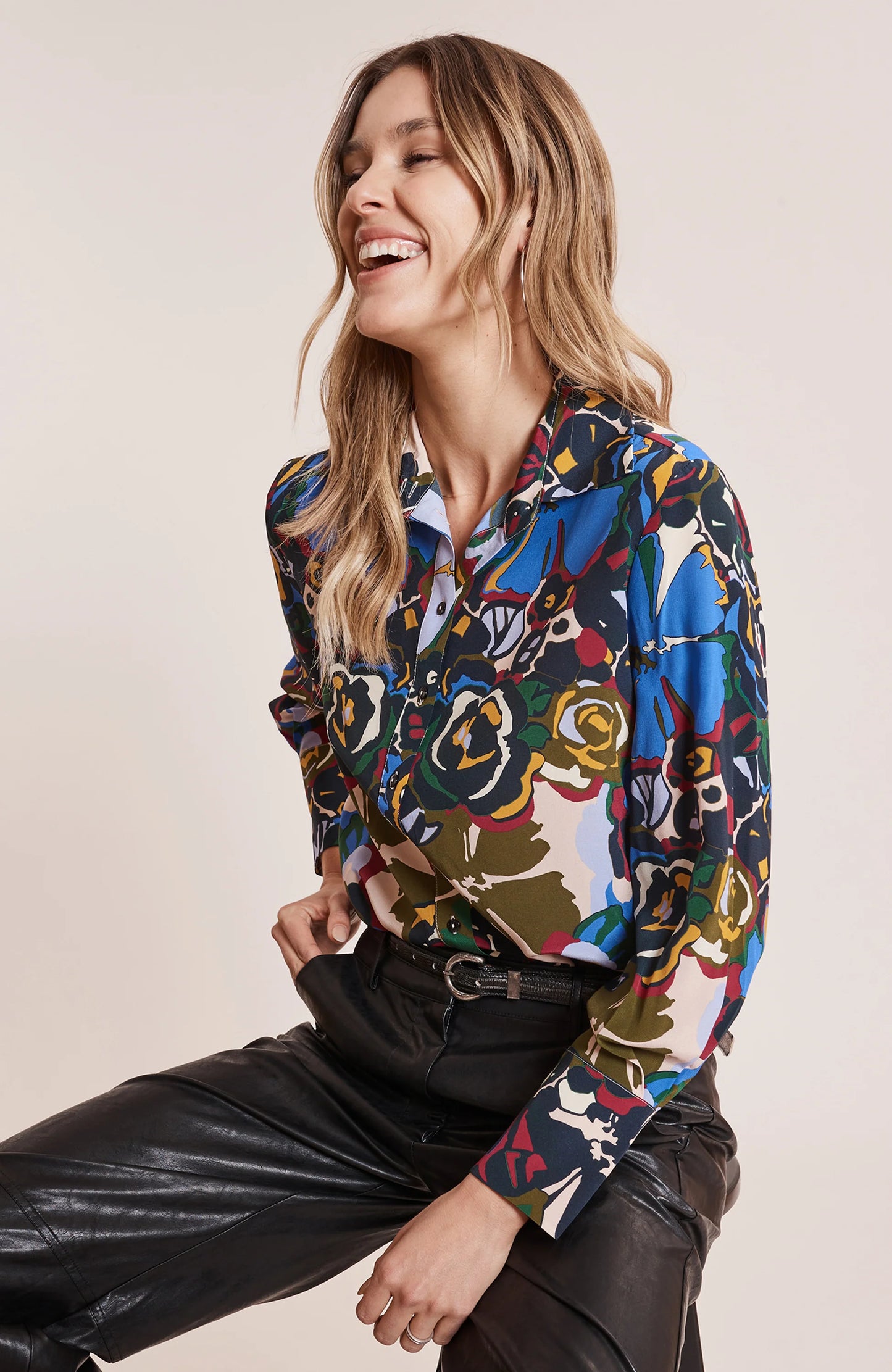 Chloe Flower Silk Button Up in Blue by Tyler Boe