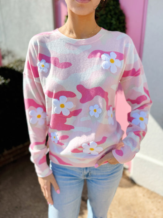 Camo Daisy Crew Sweater in Pink