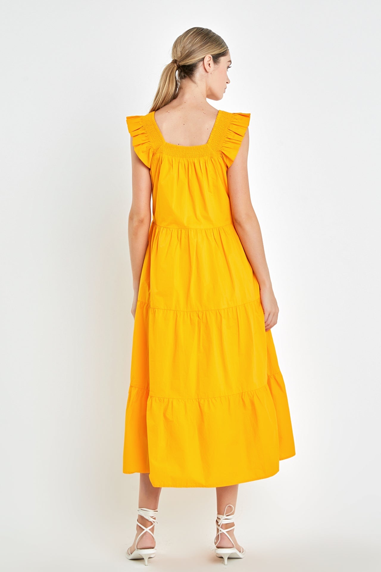 Allie Orange Ruffle Detail Midi Dress