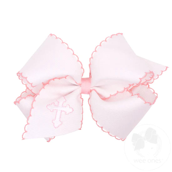 King White Grosgrain Hair Bow with Moonstitch Edge and Cross Embroidery on Tail by Wee Ones