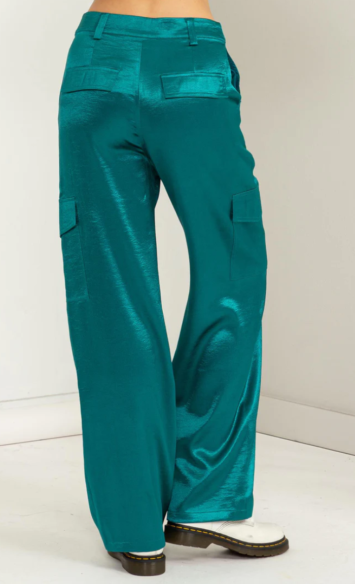 Teal Give Love Back Satin Cargo Pants