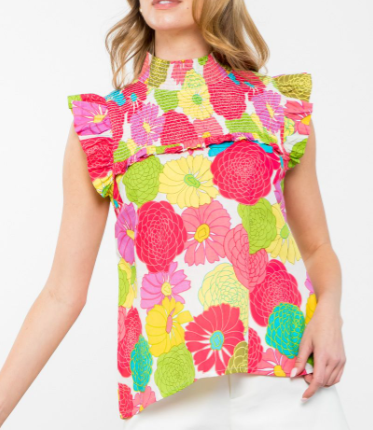 Becky Smocked Detail Floral Print Top