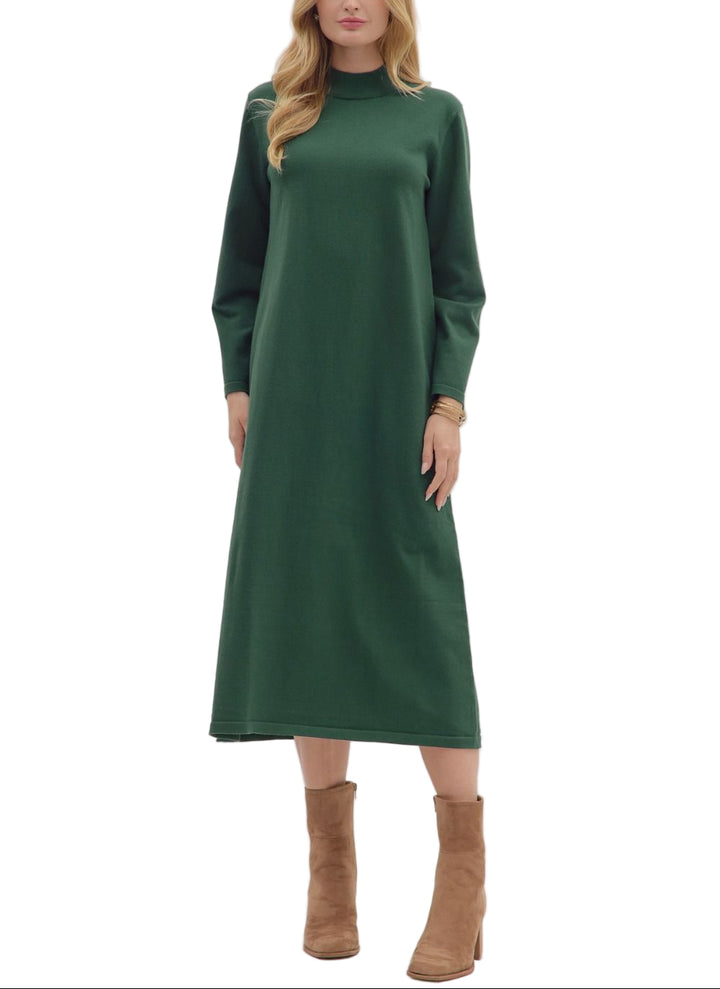 Solid mock neck long sleeve midi dress. Unlined. Knit. Non-sheer. Medium weight.