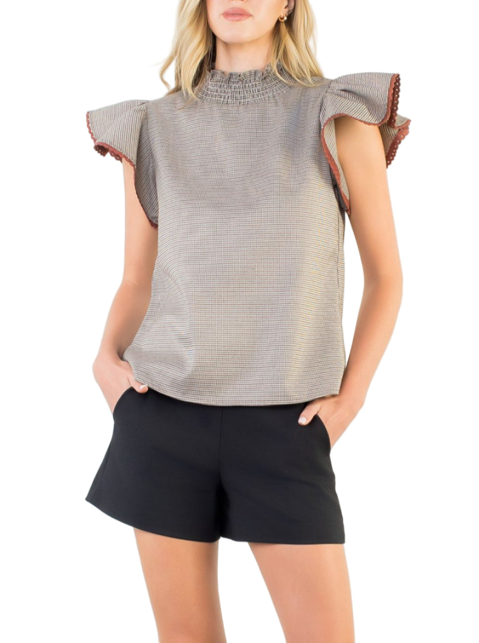 Houndstooth Flutter Sleeve Top