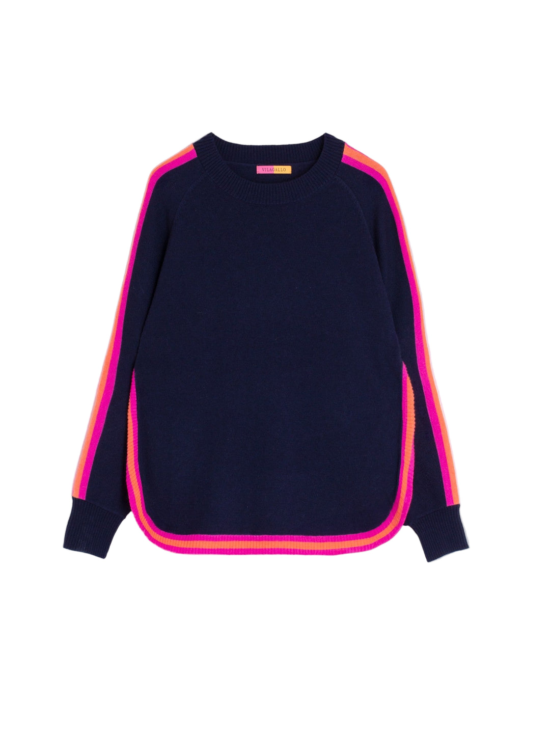 Navy jumper with round neckline and raglan sleeves. Trimmed with vibrant pink and orange stripes along the sides and hem. The bottom has a rounded U-shape finish. Ribbed detailing at the collar, cuffs and hem. Straight cut in a warm wool-blend knit.