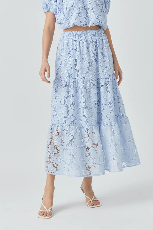 Sequin Lace Maxi Skirt, maxi skirt, powdered blue, lace overlay