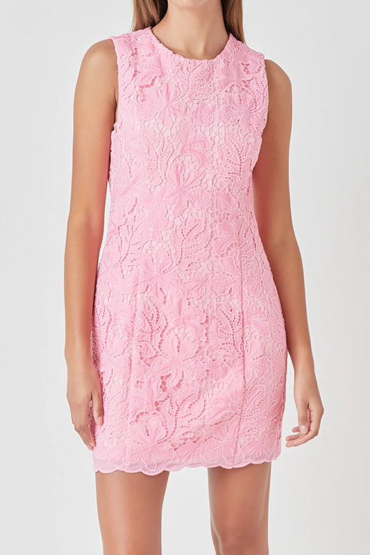 Sequins lace Shift Dress, pink mini shift dress with lace overlay