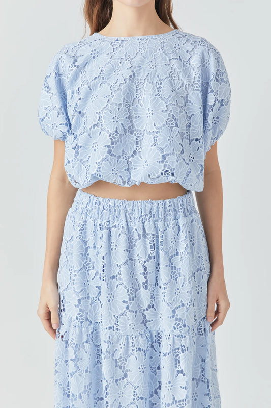 Sequins Lace Voluminous Top, powdered blue, lace overlay