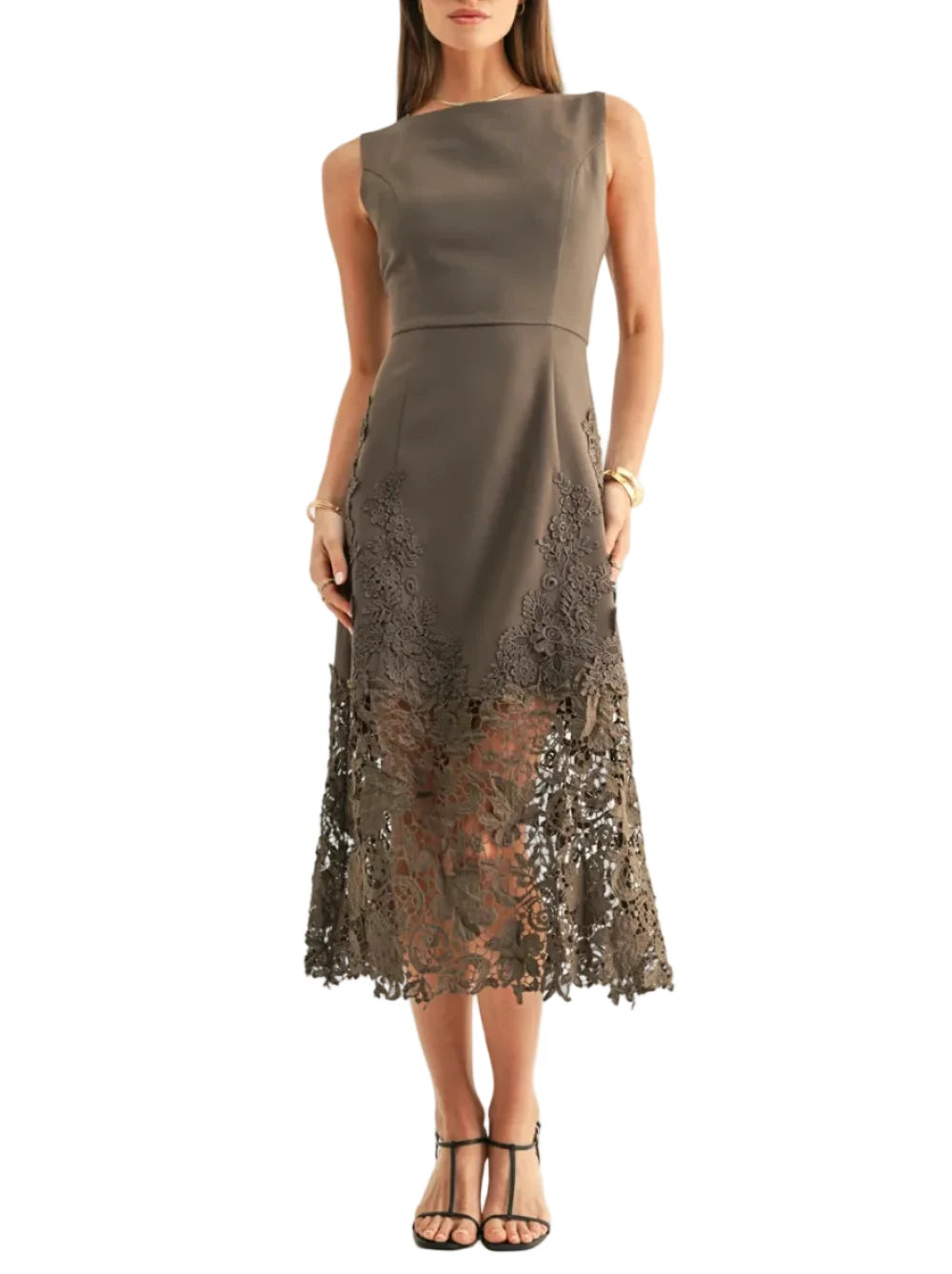 Cut from a smooth, mid-weight woven fabrication in a deep, sophisticated Espresso colorway, the garment boasts a clean, sleeveless design paired with a classic boat neckline. The structured bodice features princess seams that contour the figure down to a natural waistline before flowing into a chic column midi dress. The lower dress is finished with a subtly ruffled, scalloped lace edge that adds fluid movement.