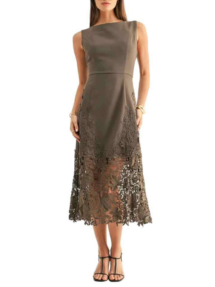 Cut from a smooth, mid-weight woven fabrication in a deep, sophisticated Espresso colorway, the garment boasts a clean, sleeveless design paired with a classic boat neckline. The structured bodice features princess seams that contour the figure down to a natural waistline before flowing into a chic column midi dress. The lower dress is finished with a subtly ruffled, scalloped lace edge that adds fluid movement.