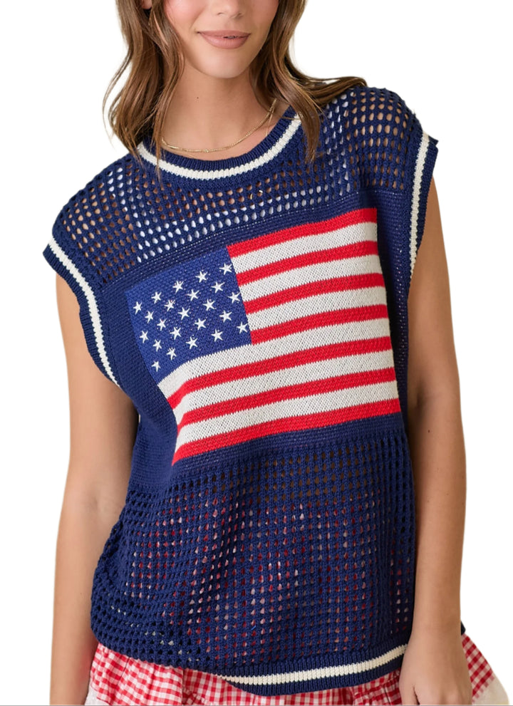 Rock your patriotic pride with our American Flag Crochet Sweater in Navy! This sleeveless sweater boasts a unique design, combining the classic American flag with a trendy crochet pattern.&nbsp;