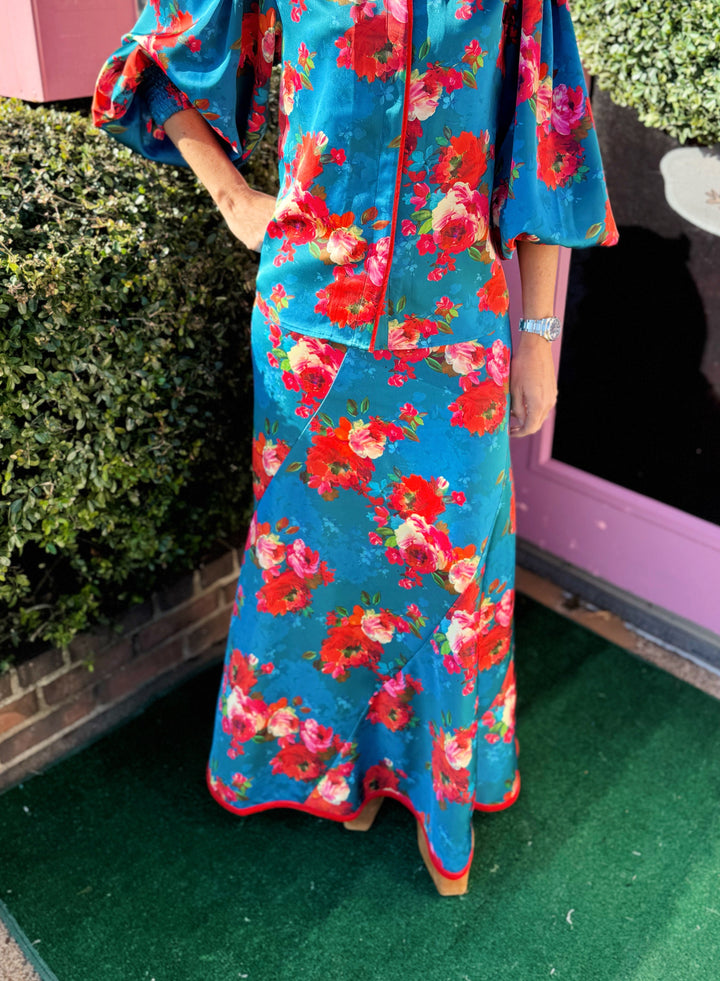 Serena Maxi Skirt in Holiday Chintz Teal