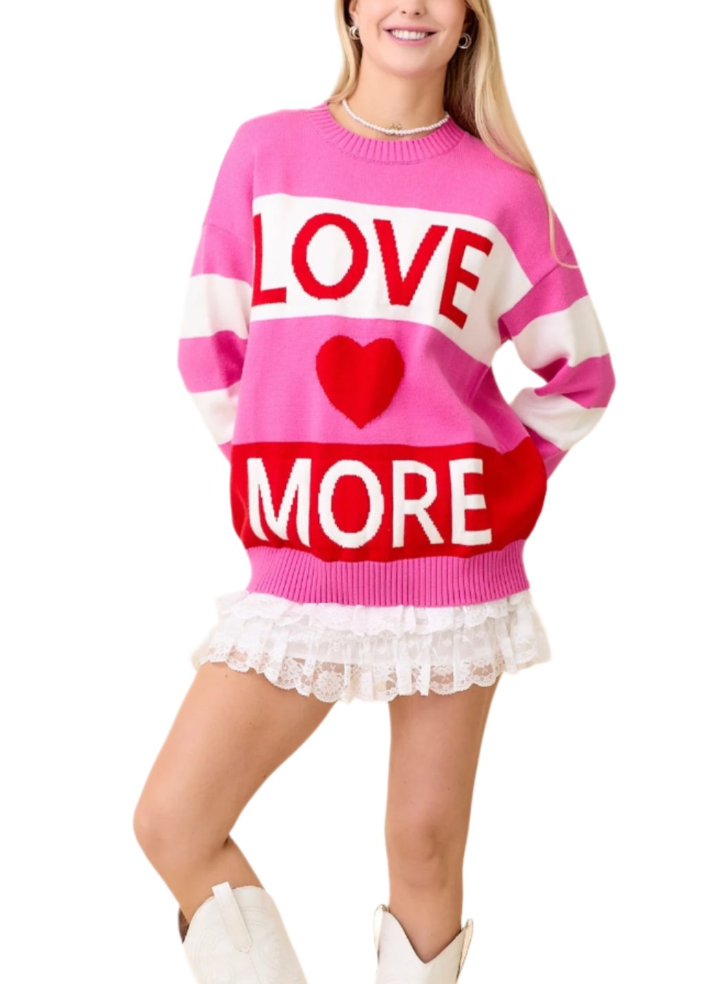 
- "Love More" Valentine Multi Color Block Sweater
- Crew Neck
- Dropped Shoulder
- Loose Fit
Show More
Fabric Contents
100% ACRYLIC