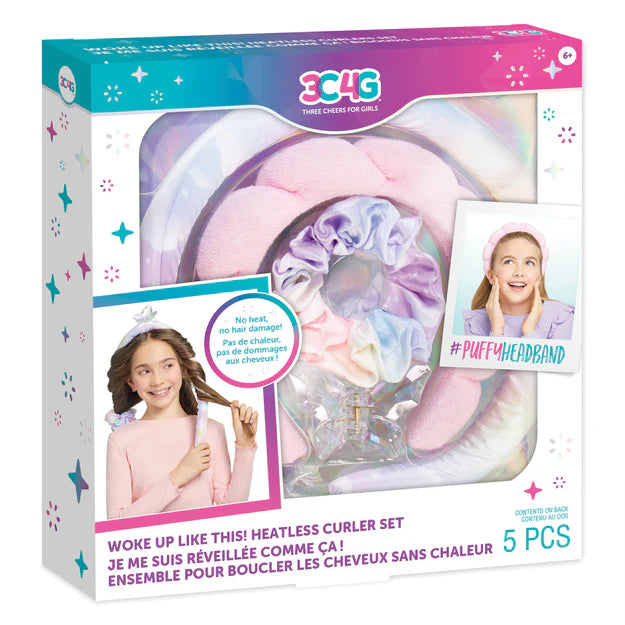 Gorgeous curls without any heat or hair damage! Easily set the heatless curler using the included scrunchies, relax in front of the TV, do homework, or take a snooze… then remove the curler to reveal effortless beachy waves! Tweens can style their curls with the colorful scrunchies and/or butterfly clip to head out and about, and use the super trendy puffy headband to keep hair out of the way while washing up for bed. This heatless curler and accessory set makes the perfect gift idea for style-savvy tweens.