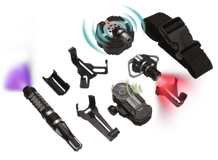 Collection of tactical devices with lights and straps on a white background