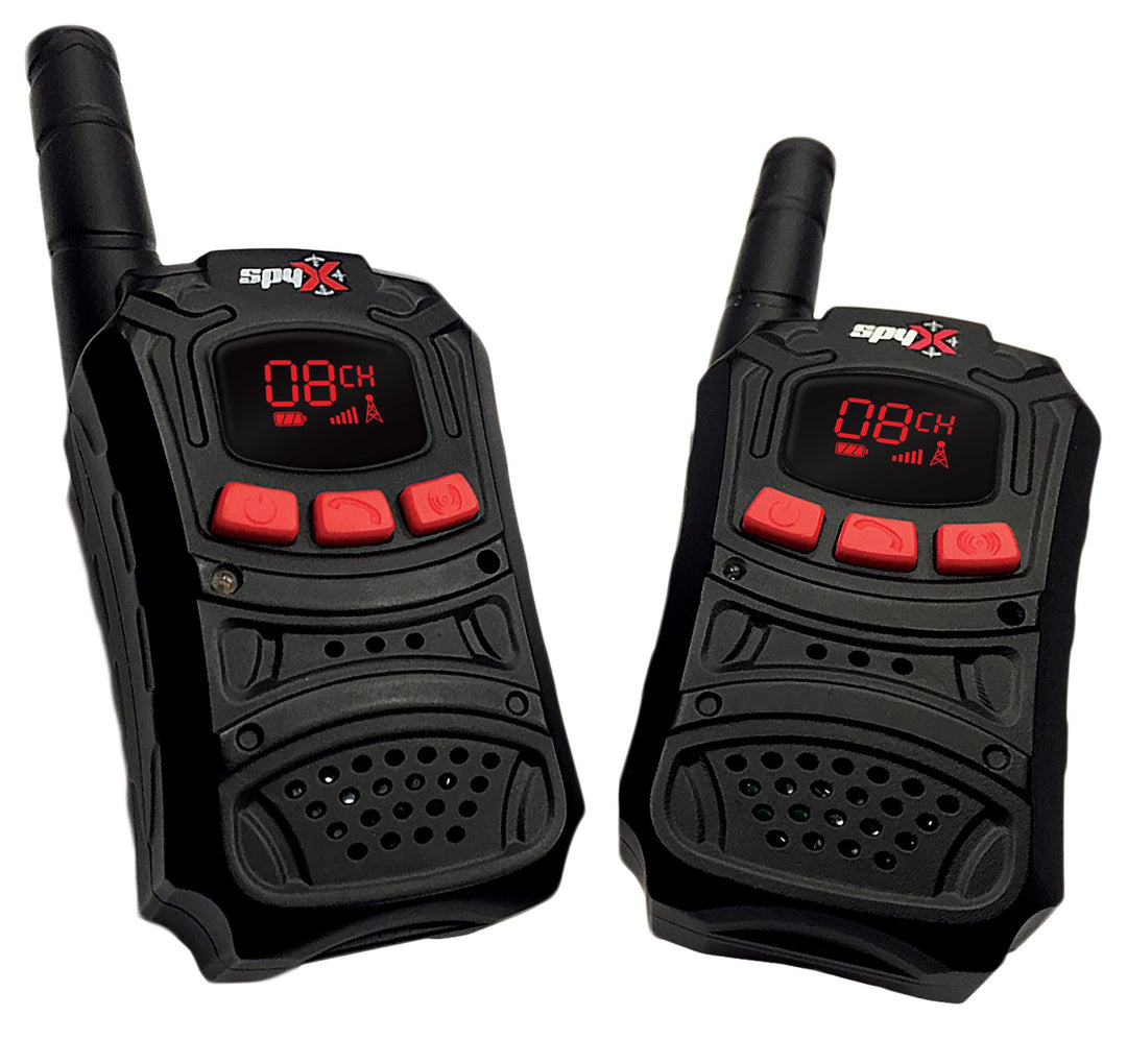 Two black walkie talkies with digital displays on a white background