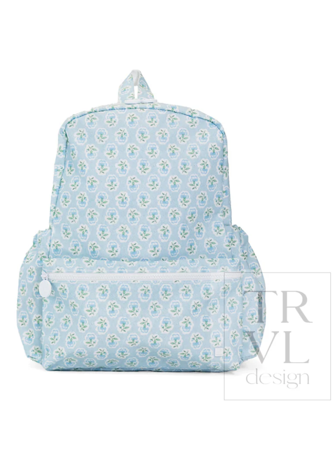 Light blue backpack with floral pattern on a white background