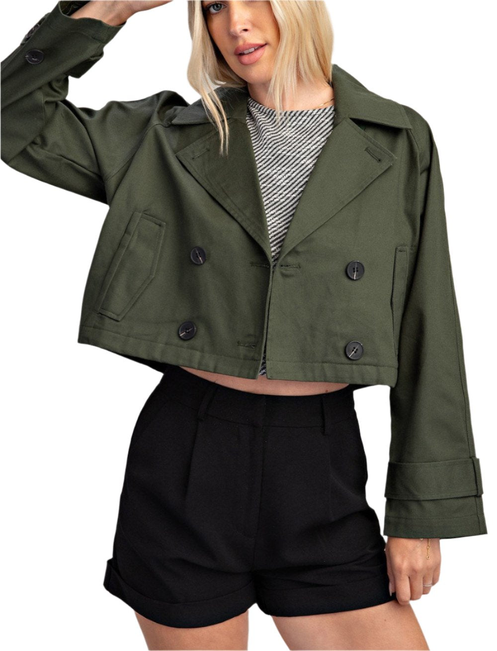 * Front Double Breasted Buttoned Closure
* Front Flap Pockets
* Long Sleeves And Adjustable Button Tab Cuffs