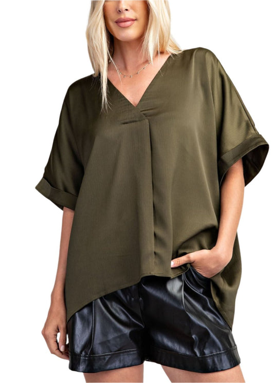 V-Neck High Low Blouse by Glam