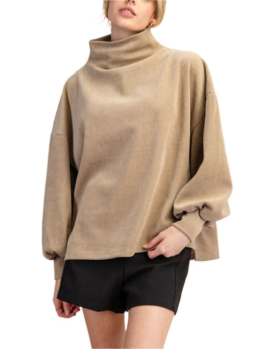 Ribbed Mock Neck Balloon Sleeve Top