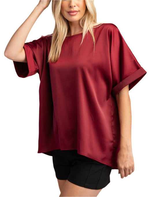 Crew Neck Sleeve Cuffs Oversized Satin Blouse
