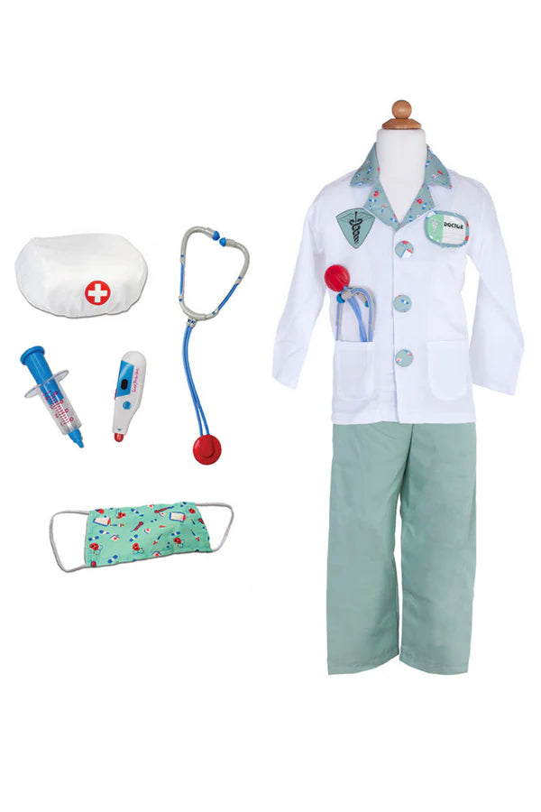 The doctor is in! Look the part in this complete ensemble as you diagnose and treat pretend patients with this 8 piece dress-up-and-play set. The set includes a white doctor's coat, green scrub pants, a green fabric mask, white hat, play stethoscope, play syringe, and play thermometer. The coat also features a sewn in doctor's name tag holder with removable name tag and Velcros on and off. All our Great Pretenders Career Costumes are packaged in a reusable blue garment bag for easy storage. 8 Piece Set: Lab