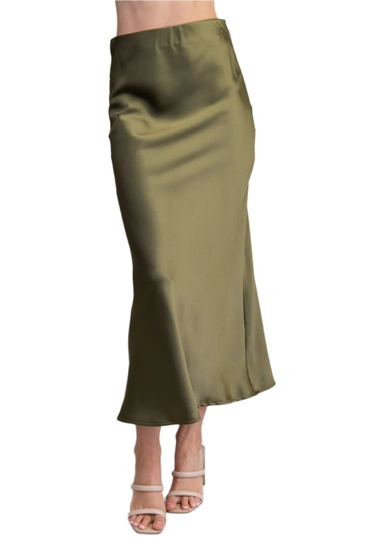 Waist Elastic Band Midi Satin Skirt