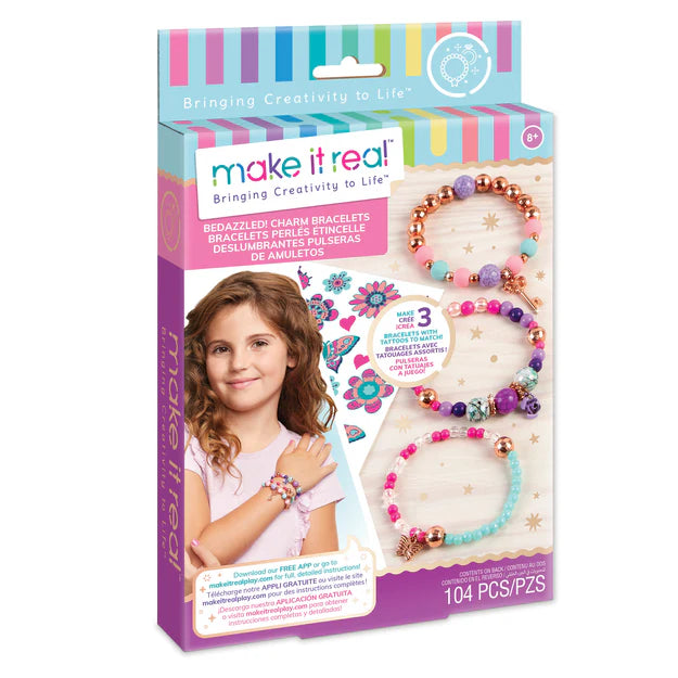 Budding bracelet designers can get their start with this DIY charm bracelet kit. Mix and Match the assortment of beads and charms to make up to 3 beautiful bracelets. Also includes full tattoo sheet with tattoos to match the bracelets! 

Includes:
1 elastic cord 1 m (1.1 yd)
94 fashion beads
3 charms
3 jump rings
1 temporary tattoo sheet
1 PlayTray
1 instruction sheet