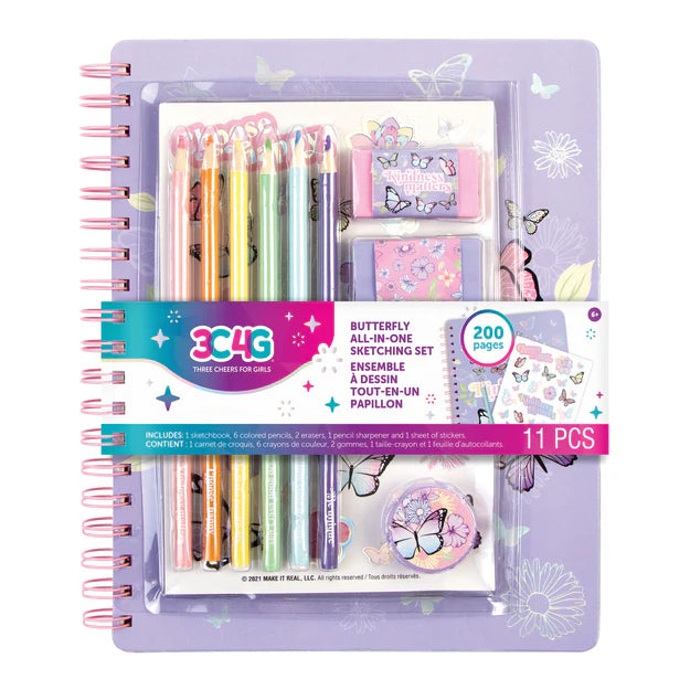 Journaling is the ultimate form of self-expression and a wonderful developmental opportunity for your child's creativity. Unlock their full potential with this stylish all-in-one journal set that includes a butterfly sketchbook with 200 pages, 6 colored pencils, 2 erasers, 1 pencil sharpener, and 1 sheet of stickers.

Includes:
1 sketchbook
6 colored pencils
2 erasers
1 pencil sharpener
1 sheet of stickers