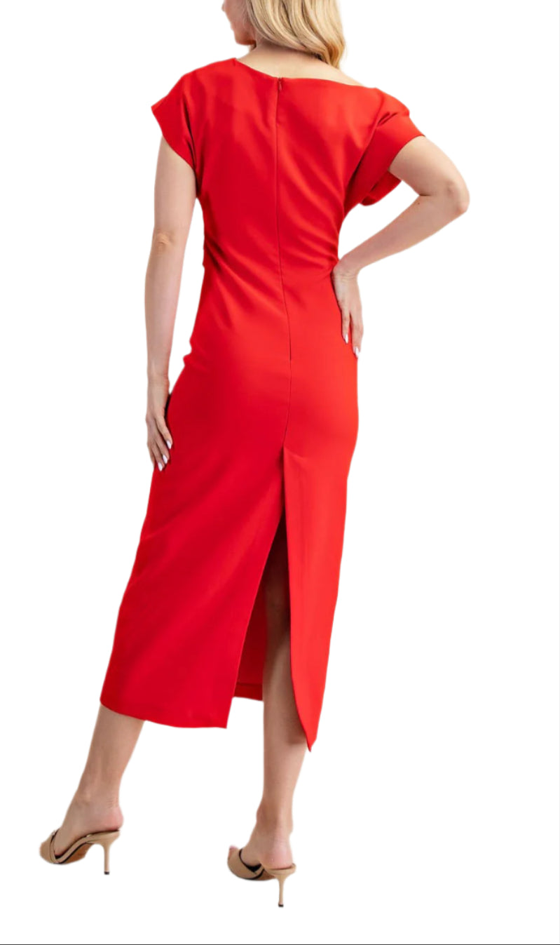 The Violet Midi Dress features an asymmetrical waist and pleated design, this dress is both playful and elegant. Perfect for any occasion, this dress will make you stand out from the crowd (in a good way!).&nbsp;