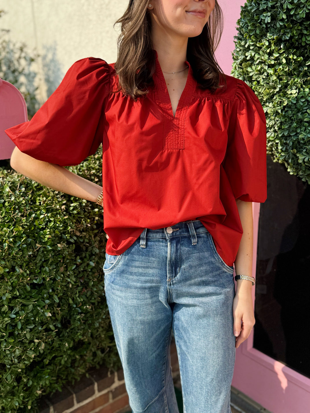 Mandarin Bubble Sleeve Poplin Top