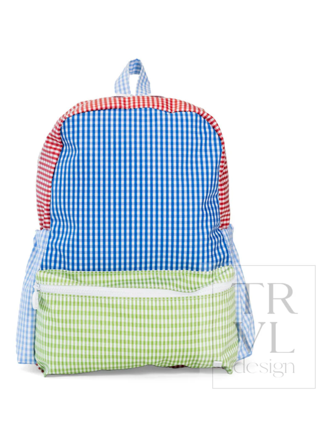 Backpack with blue, red, and green gingham pattern on a white background